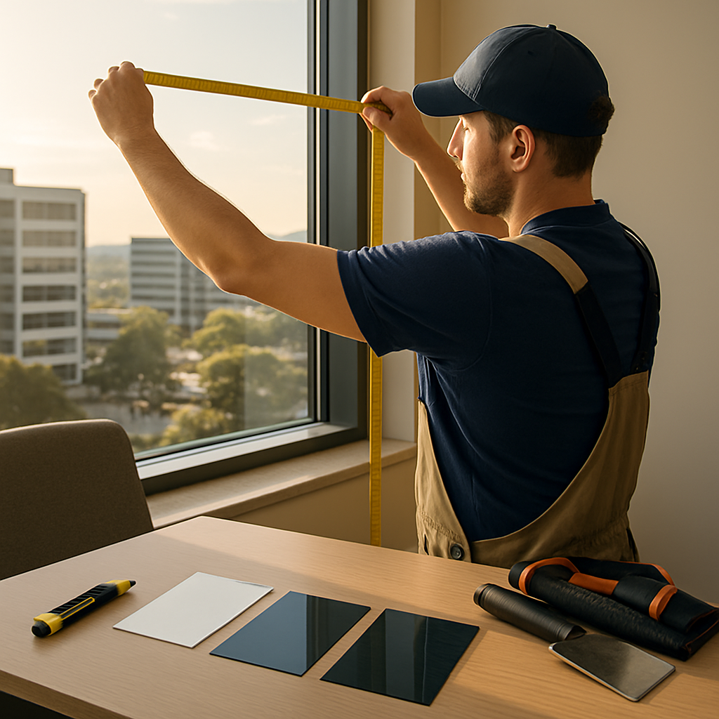 Photo realistic image of an installer measuring a large west-facing office window with several privacy tint swatches laid out - frosted, low-reflectance ceramic, and security film. Show office interior with afternoon sun, professional tools, and visible sample labels.