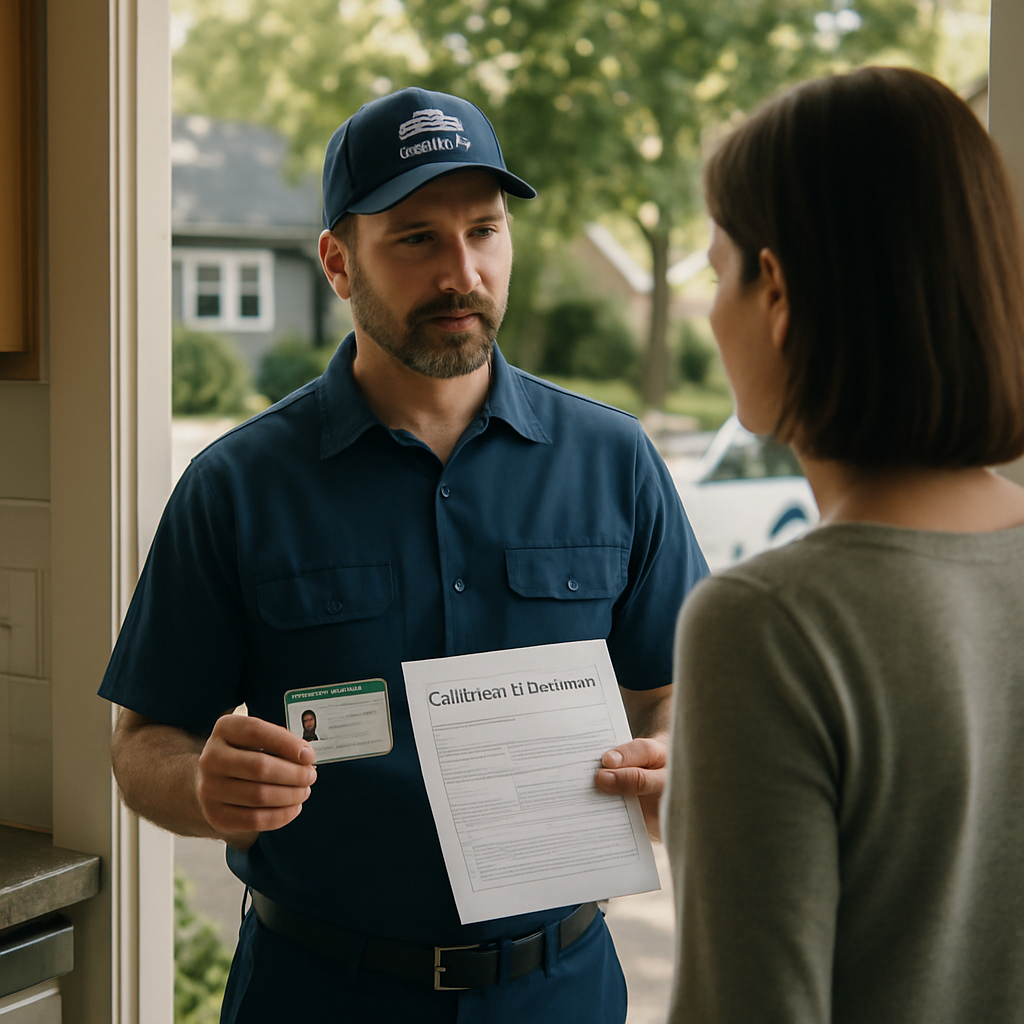 Photo realistic image of a Portland plumber in branded uniform showing a homeowner printed license and a Certificate of Insurance at the kitchen doorway, truck with company logo parked on a residential street in the background, professional mood