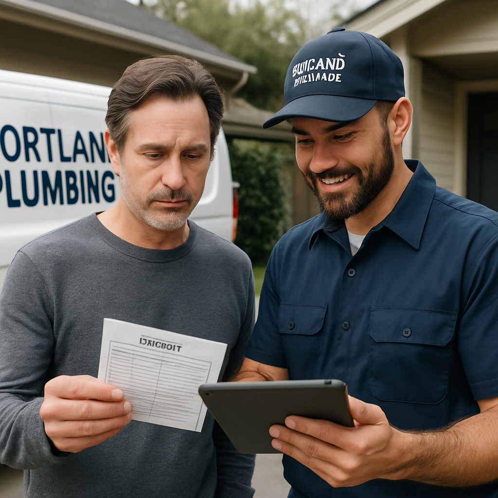 Photo realistic image of a homeowner and a Portland plumber reviewing a printed permit card and a permit application on a tablet outside a residential home, company van in background, professional mood