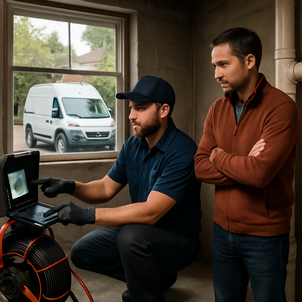Photo realistic image of a Portland plumber using a sewer camera monitor inside a basement while a homeowner watches; company van parked outside a residential street in Portland, professional mood