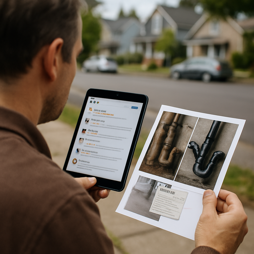 Photo realistic image of a homeowner scrolling a Portland plumbing company Google reviews on a tablet while comparing a printed before/after photo and a permit card, residential street in the background, professional mood