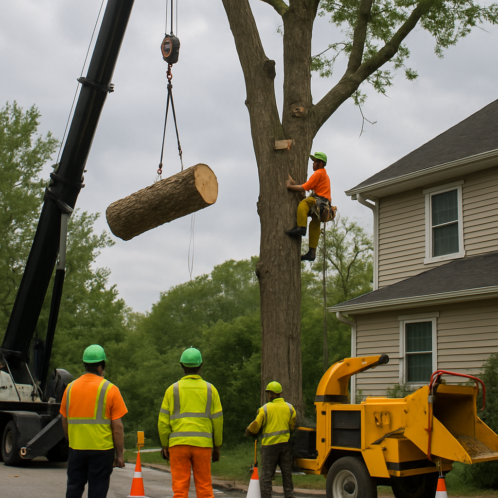 Professional crew performing sectional tree removal near a house using rigging and a crane, workers in high-visibility safety gear, chipper and traffic cones visible, photo realistic
