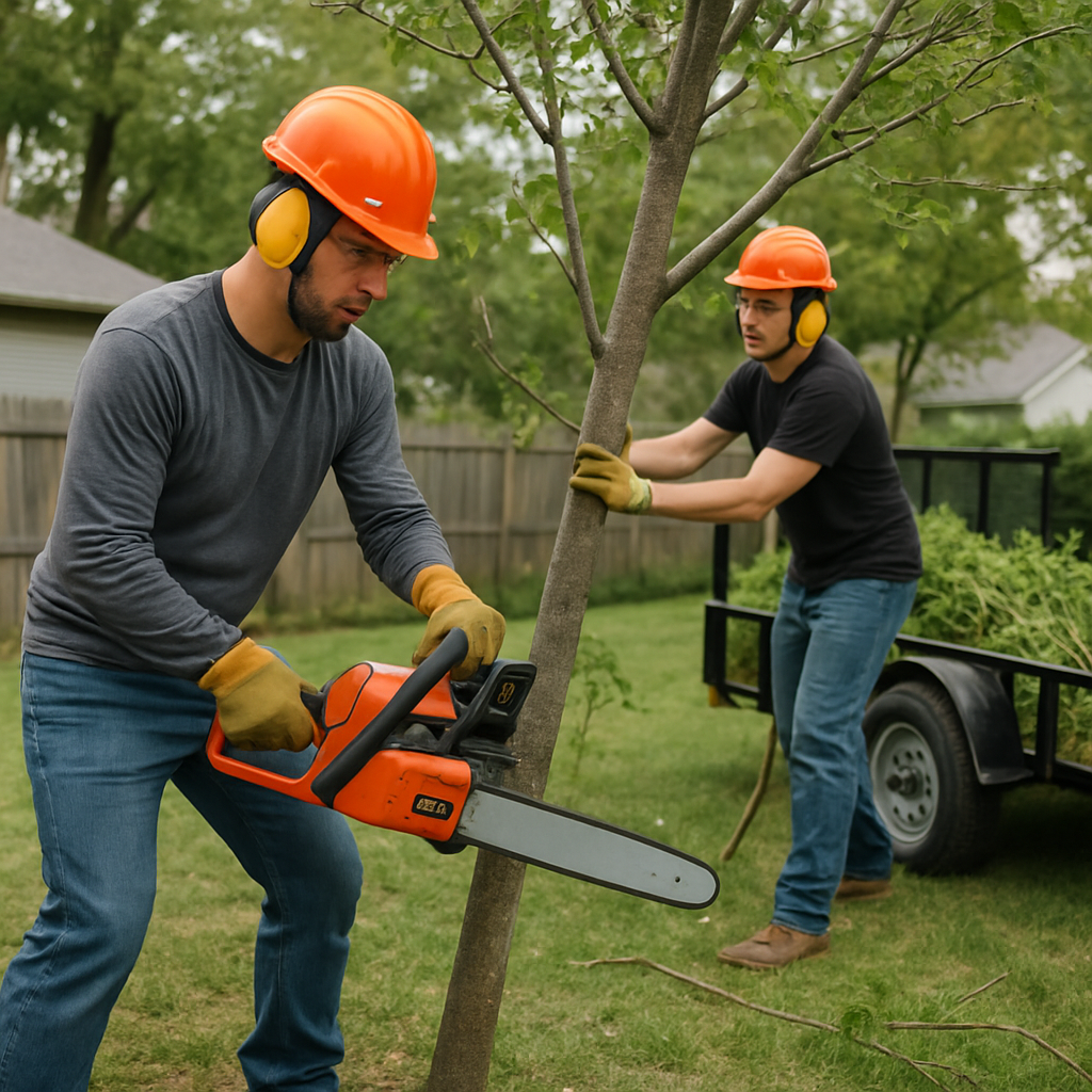 Homeowner felling a small 15-foot backyard tree with a helper, both wearing safety gear, a trailer nearby for hauling branches, photo realistic