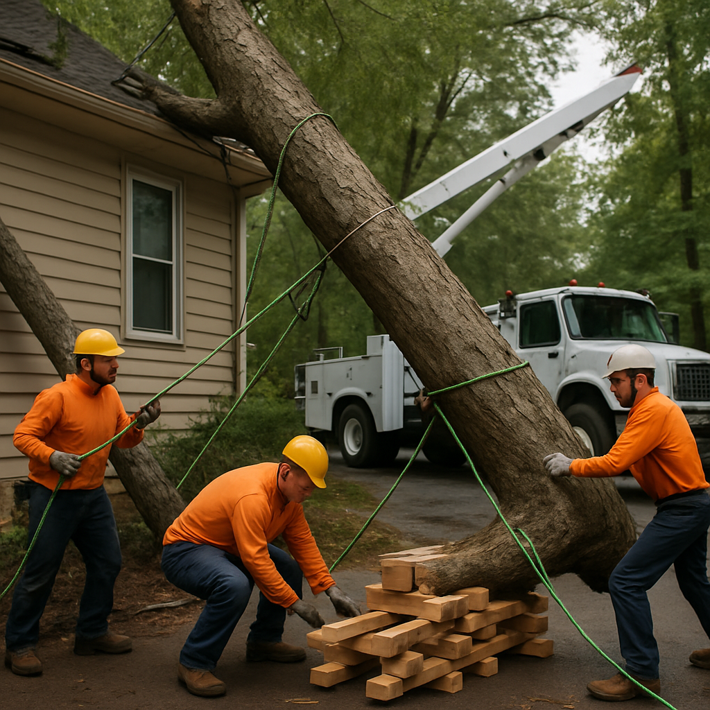 Professional emergency tree removal crew stabilizing a storm-damaged tree leaning on a house, coordinated utility truck in background, workers using rigging and protective cribbing, photo realistic