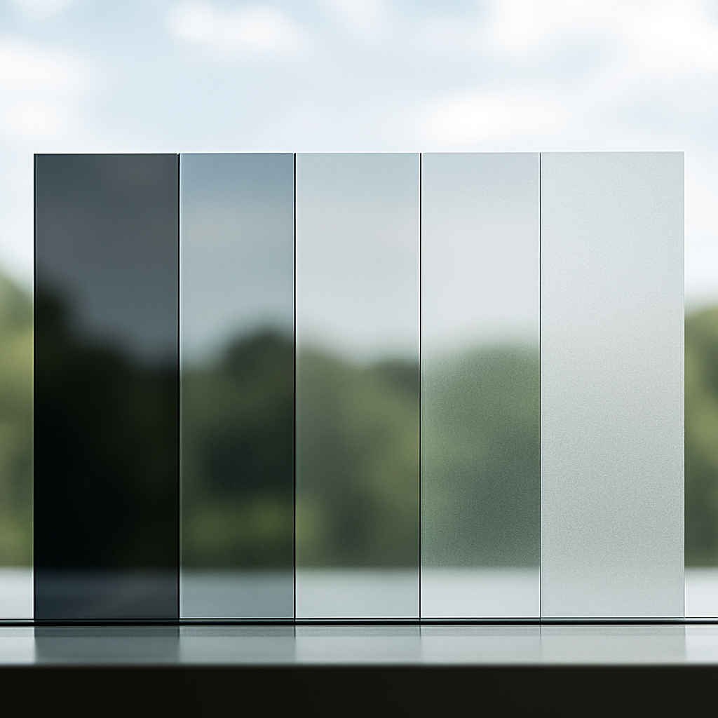 Close up of different window tint film samples laid out side by side on glass showing dyed, metalized, ceramic, spectrally selective, and frosted films with daylight behind them, photo realistic, professional mood