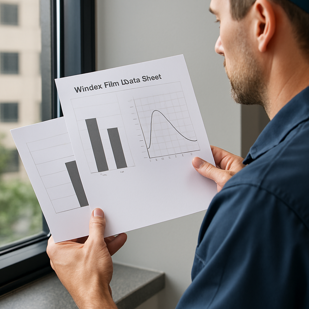 Close-up of a technician holding two window film datasheets next to a window: one page shows VLT and SHGC numbers and another shows spectral transmission curves; office setting, photo realistic