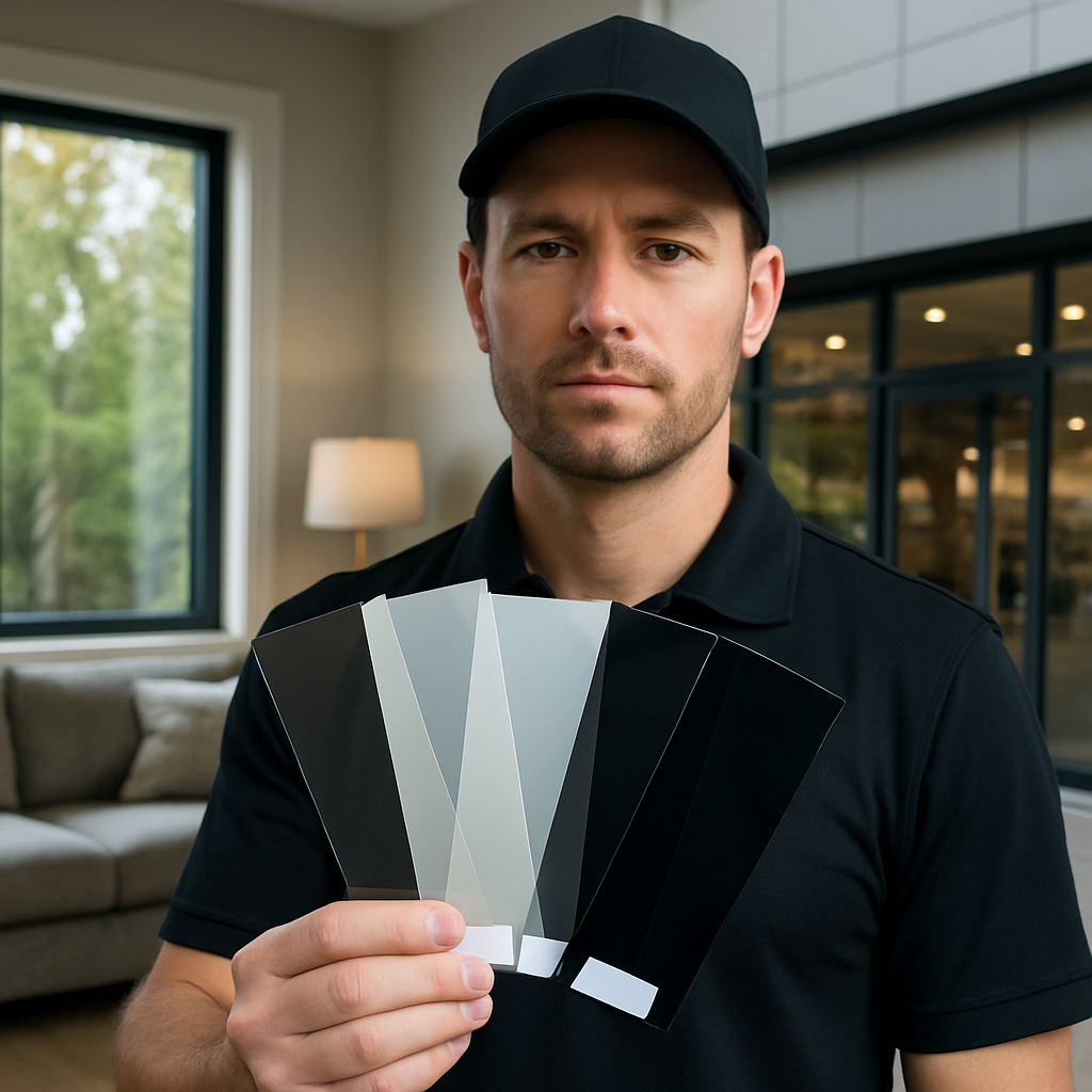 Professional installer holding film swatches in front of a mixed scene showing a residential living room window on the left and a commercial storefront window on the right; swatches labeled for ceramic, spectrally selective, low-e, and security films; photo realistic, professional mood