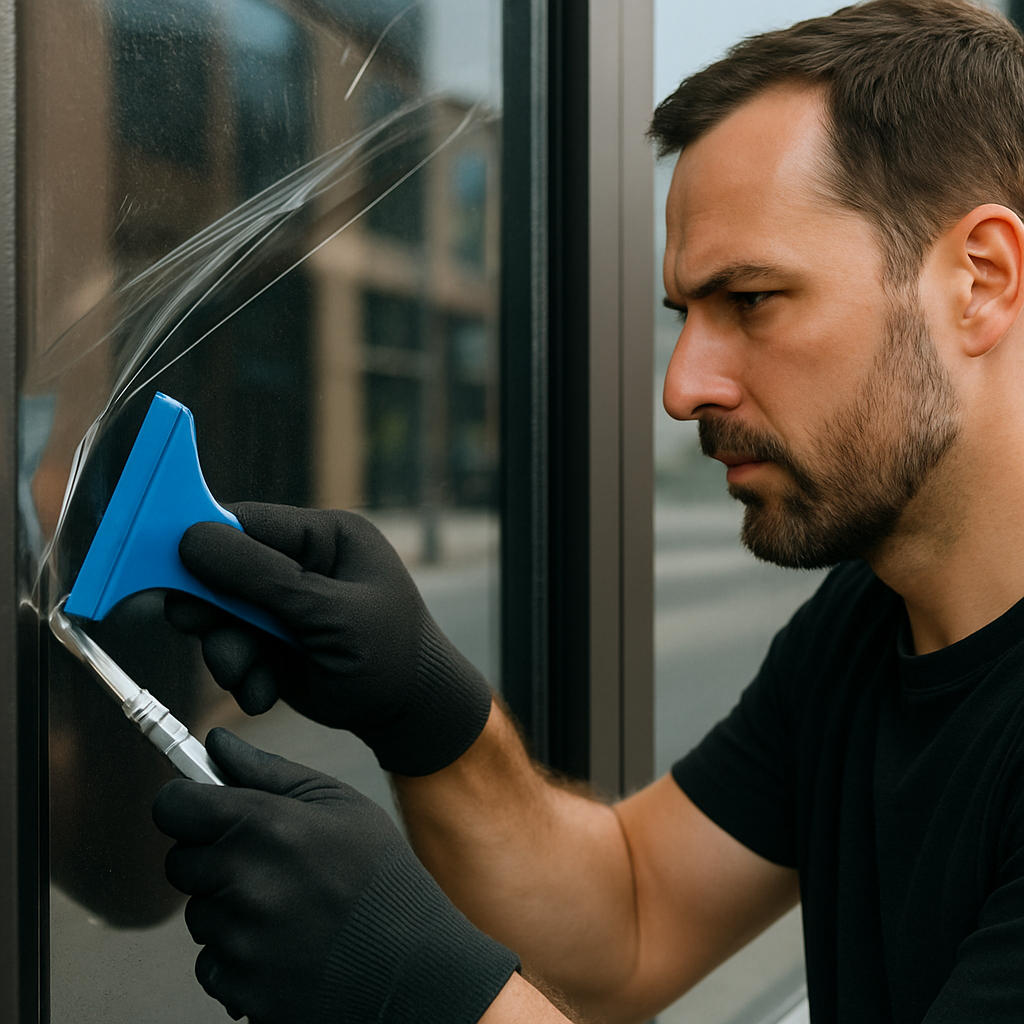 Professional window film installer trimming and edge-sealing film on a commercial storefront window using precision blades and a squeegee, close-up, photo realistic