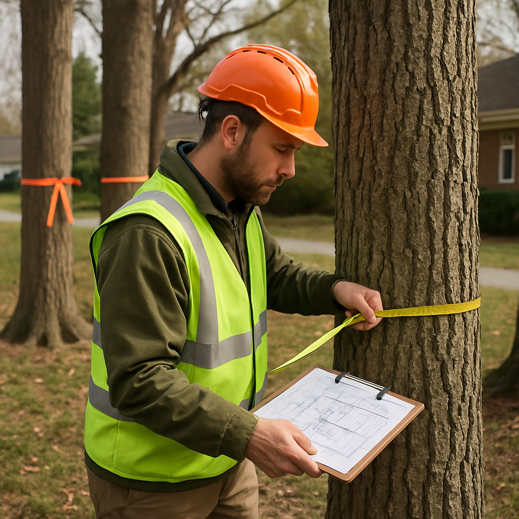 Photo realistic image of an arborist measuring tree DBH with a diameter tape next to flagged trees on a suburban lot; clipboard with site plan visible, professional mood