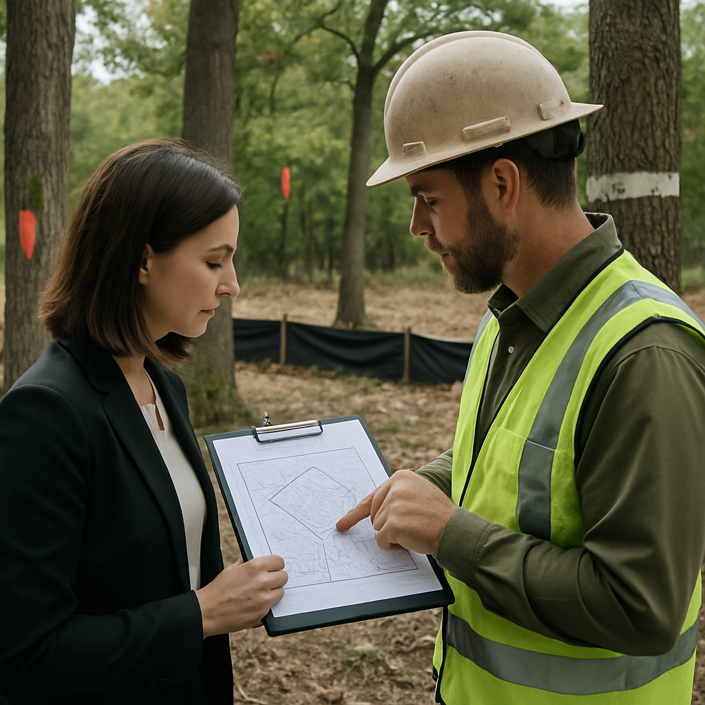 Photo realistic image of a permitting meeting in the field: planner and ISA certified arborist examining a flagged lot with a site plan on a clipboard, trees tagged with numbered tape, temporary silt fence visible, professional mood