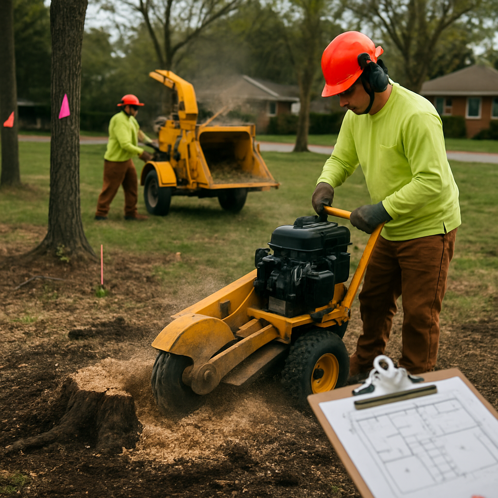 Photo realistic image of a tree-clearing crew operating a stump grinder and wood chipper on a suburban lot with flagged trees and a visible site plan on a clipboard; professional mood