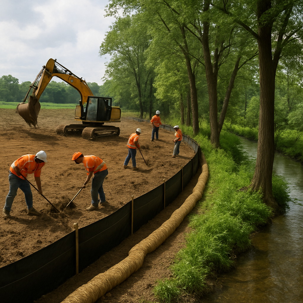 Photo realistic image of a phased land clearing operation beside a stream buffer: crews working in a small block, silt fence and wattles installed, preserved riparian strip with trees clearly intact; professional mood