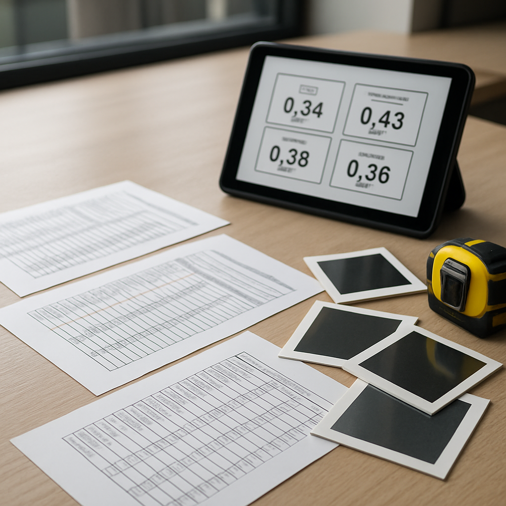 Photo realistic close-up of several window film Technical Data Sheets laid out next to sample swatches, a tablet showing NFRC ratings, and a contractor's tape measure on a tabletop in an office setting