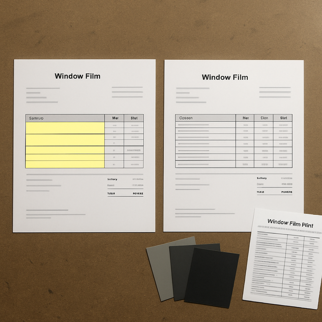 Photo realistic image of two printed window film estimates laid side by side on a workbench, one highlighted to show missing line items, film swatches and a Technical Data Sheet visible, professional lighting, office setting
