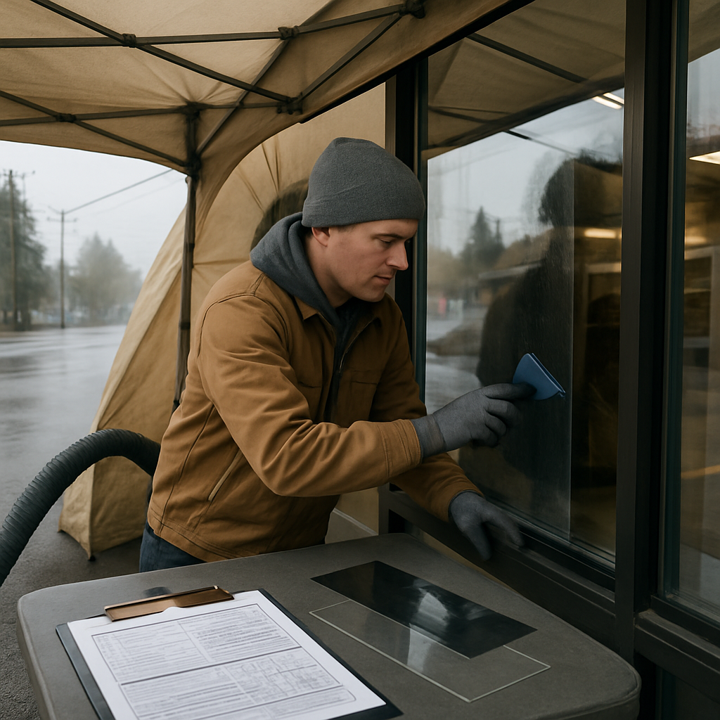 Photo realistic image of an installer preparing a window in Oregon with a heated tent set up around a storefront on a cool, overcast day; film samples, permit paperwork, and technical data sheets visible on a clipboard, professional mood