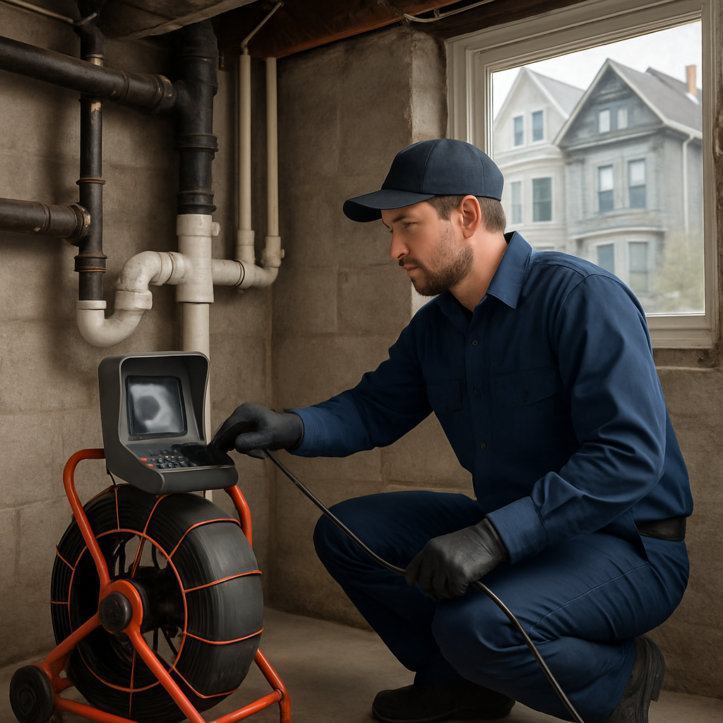 Photo realistic image of a Portland plumber performing a video camera inspection in a basement with exposed pipes, technician wearing a professional uniform, city row houses visible through a basement window, neutral professional mood