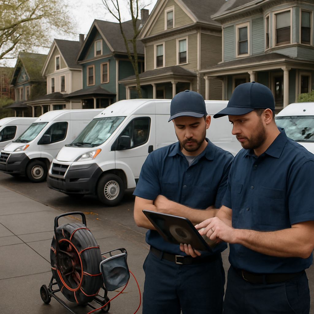Photo realistic image of four plumbing vans parked on a Portland street in front of row houses, technicians comparing a tablet with a camera inspection video, professional uniforms visible, analytical mood