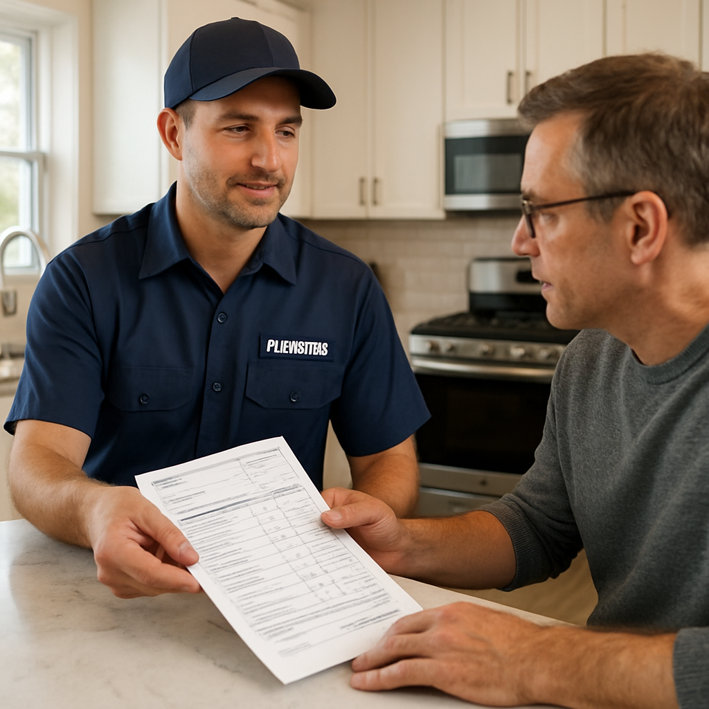 Photo realistic image of a Portland plumber handing a homeowner an itemized written estimate at a kitchen counter, technician in branded uniform, visible paperwork showing line items for permits, parts, and labor, professional mood