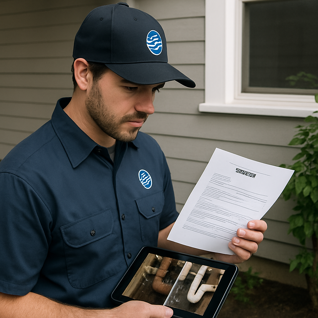 Photo realistic image of a River City Plumbing technician in branded uniform reviewing a printed permit and tablet with before and after photos at a Portland home exterior, permit paperwork visible, professional mood