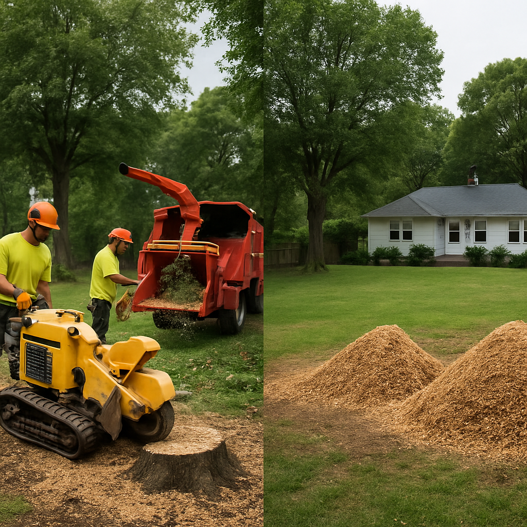 Professional crew using a Vermeer stump grinder and Morbark chipper to remove trees and grind stumps on a residential lot; before and after composition showing cleared yard and wood chip piles; photo realistic