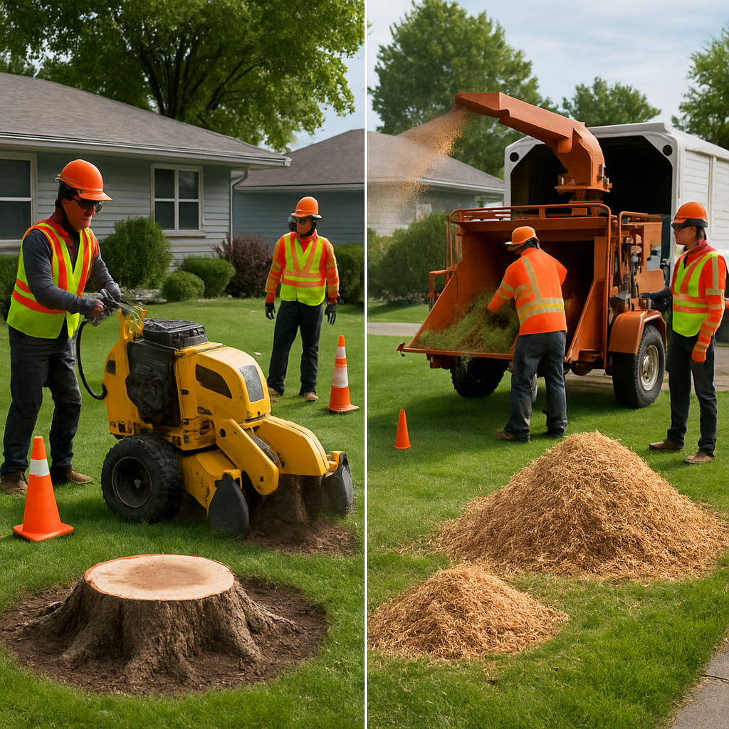 Professional crew performing a coordinated one-call tree removal and stump grinding on a suburban property: crew members operating a Vermeer stump grinder and a Morbark chipper, safety cones and a visible utility locate flag, before-and-after framing showing cleared stump area and wood chip piles; photo realistic