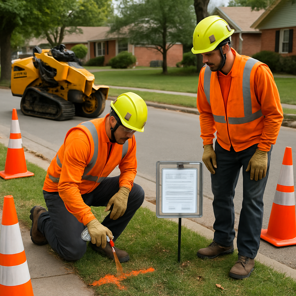 Professional arborist crew performing utility marking and displaying city permit placard at a residential sidewalk prior to stump grinding; visible safety cones and a Vermeer stump grinder staged nearby; photo realistic