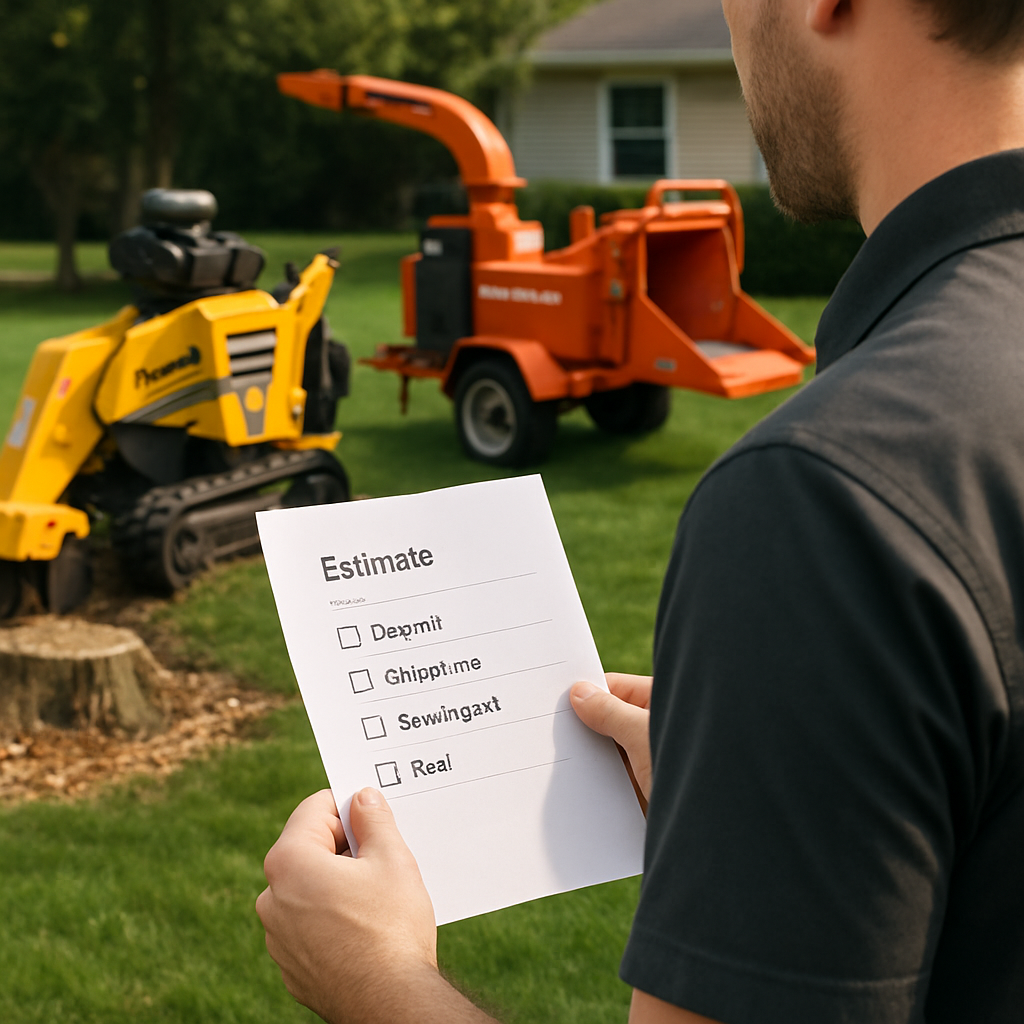 Close-up photo realistic image of a Vermeer stump grinder and Morbark chipper on a residential lawn with labeled callouts for line items: tree cut, chipper run, stump grind, haul; professional crew member holding an itemized estimate in foreground; professional mood