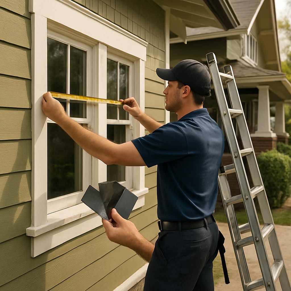 Technician measuring residential windows outside a Portland craftsman home, carrying sample film swatches and a ladder, professional work van in background, photo realistic