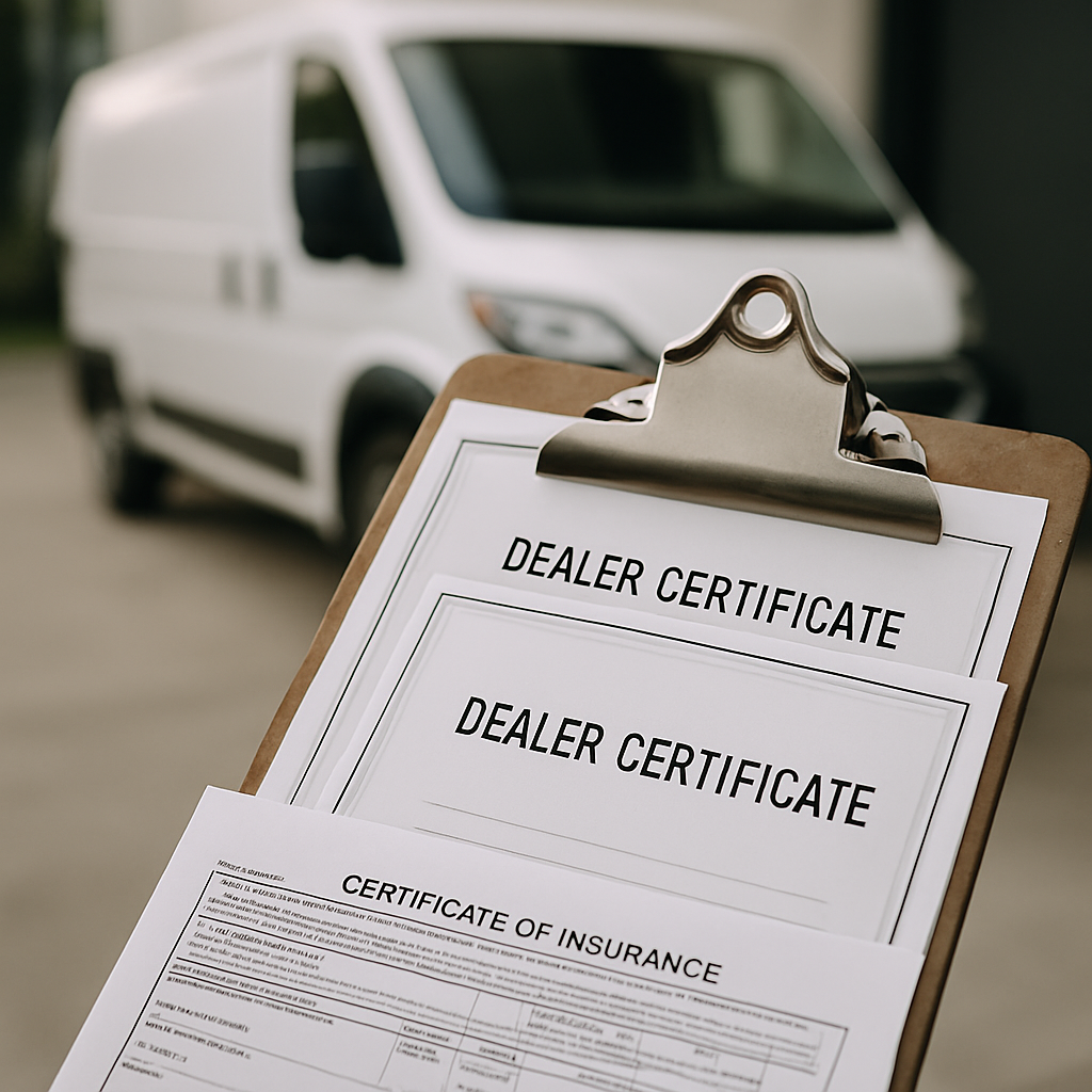 Photo realistic image of a technician's clipboard with printed dealer certificates from 3M and LLumar laid over a Certificate of Insurance document, a professional work van blurred in the background, clean and professional mood