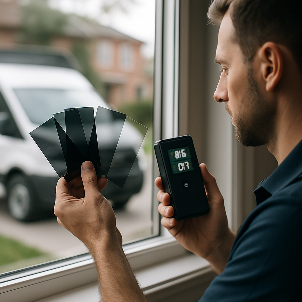 Photo realistic image of a technician holding multiple window film swatches next to a window with a handheld spectrometer display showing VLT and UV rejection readings; work van and urban house in soft focus, professional mood