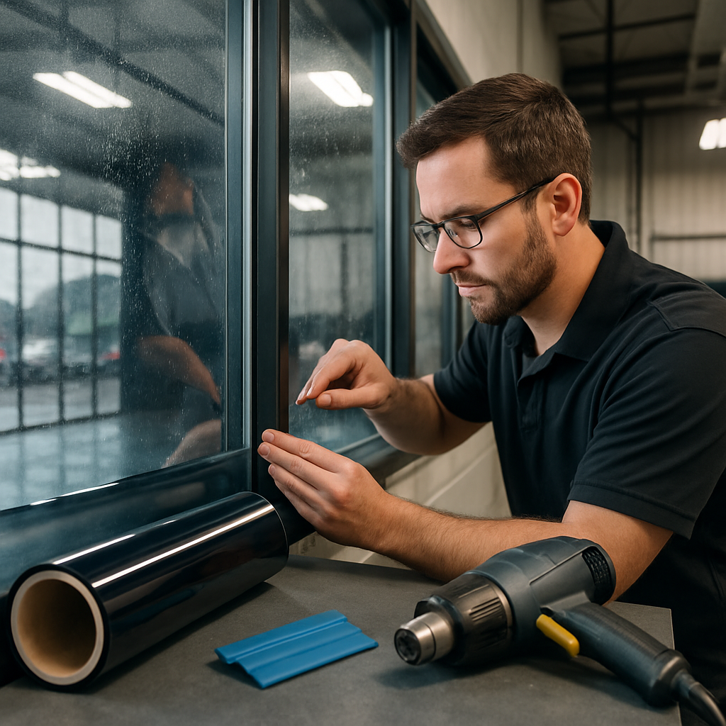 Photo realistic image of a technician trimming window film on a large commercial storefront inside a controlled shop environment; tools visible (squeegee, heat gun), labeled film roll with brand visible, professional mood