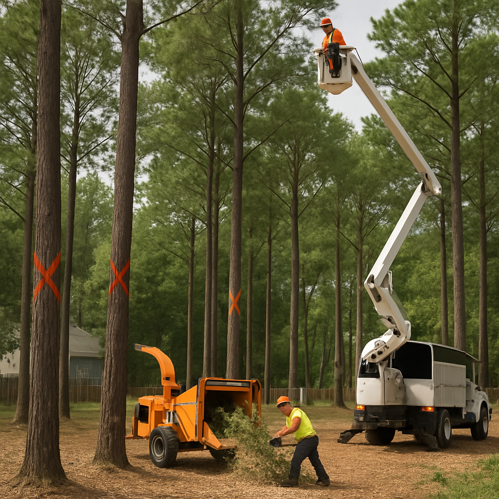 Professional crew performing selective thinning on a suburban lot: marked trees, climber in safety gear in an aerial lift, chipping in progress, cleared understory, visible separation between retained crowns