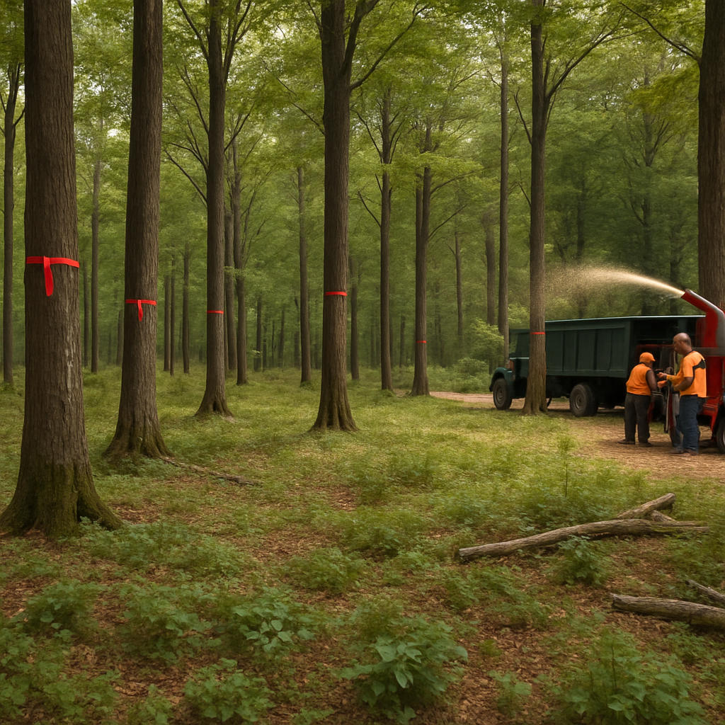 Photo realistic image of a mixed hardwood stand after professional selective thinning: visible space between crowns, healthy retained trees flagged, crews chipping removed stems at edge of woodland, and native groundcover beginning to establish