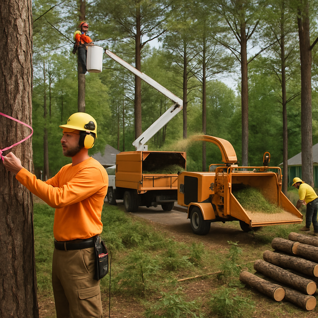 Photo realistic scene of a professional thinning crew on a suburban lot: an arborist marking trees with flagging, a climber in safety gear working from an aerial lift, a wood chipper in operation, ground crew stacking logs and clearing understory; clear visual separation between retained crowns