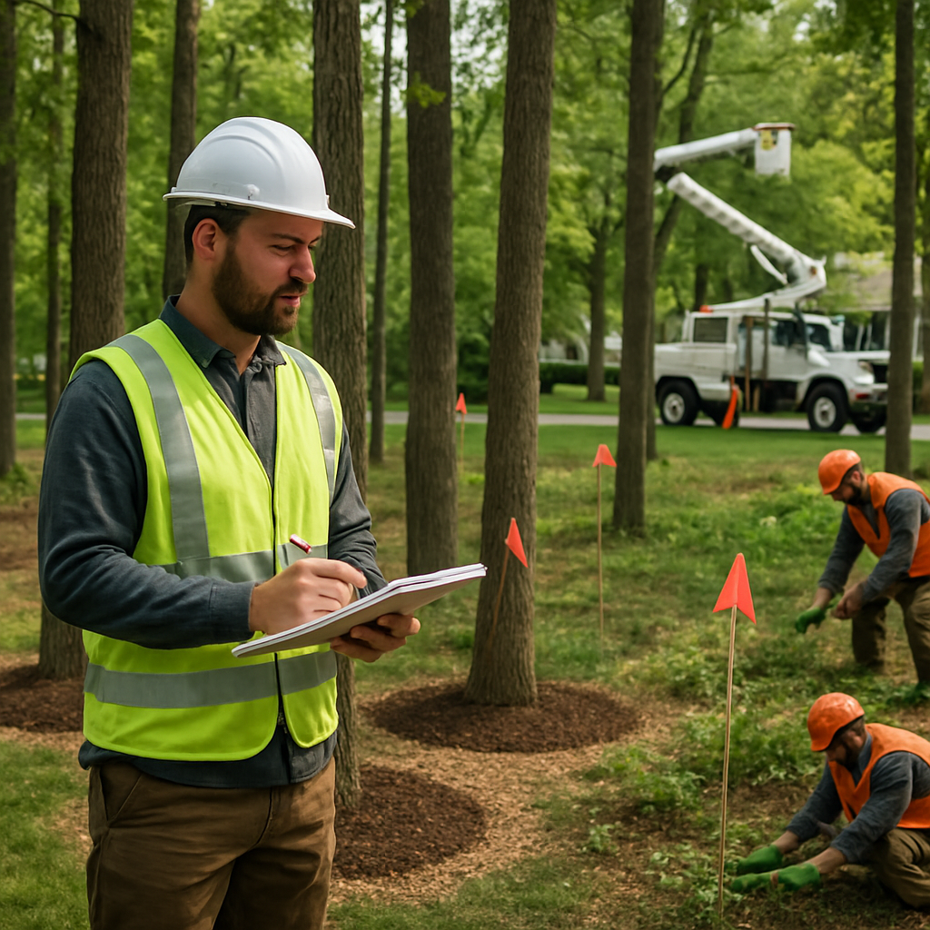 Photo realistic scene of an arborist with a clipboard inspecting a recently thinned suburban edge: visible mulch rings at tree bases, flagged crop trees, low regrowth being hand-cut by a crew member, and an aerial lift parked nearby; professional mood