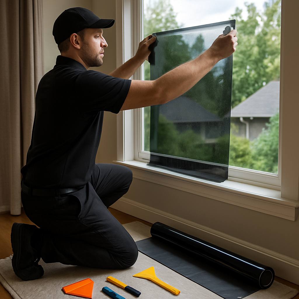 Professional window film installer applying ceramic window tint to a residential living room window in Portland, showing tools, measured film, and protective floor covering; photo realistic