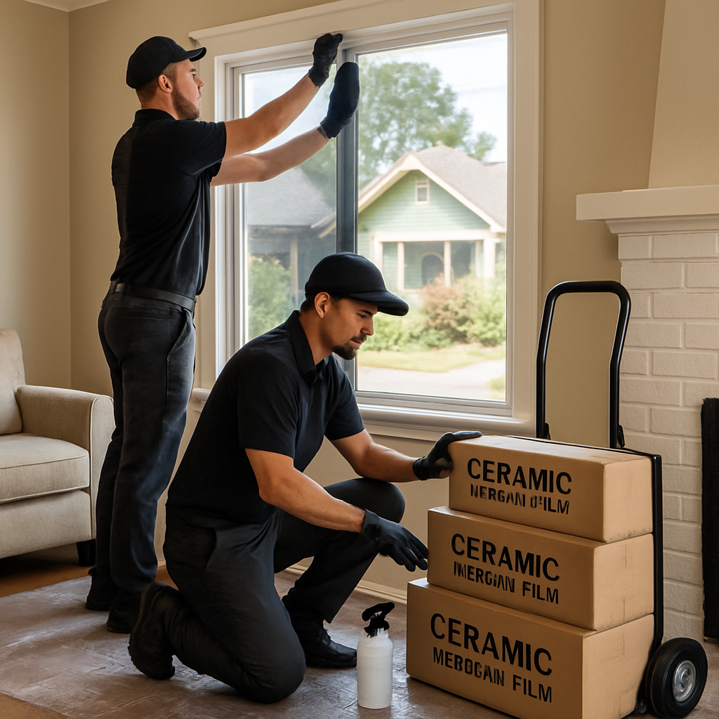 Photo realistic image of a two-person mobile window tint crew installing ceramic window film on a Portland bungalow living room window with protective floor covering and labeled film boxes on a dolly; professional mood