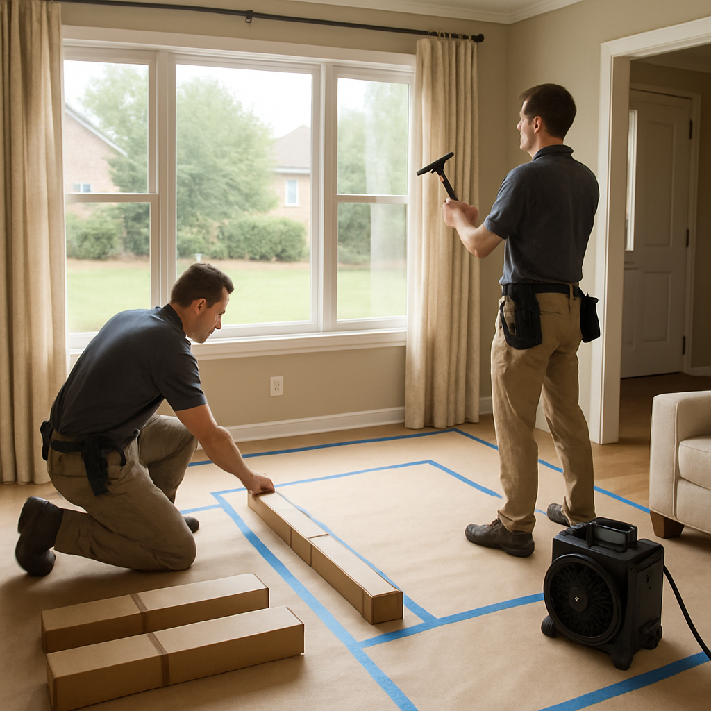Photo realistic image of a two-person window film crew preparing a residential living room for installation: protective floor covering, labeled film boxes, HEPA fan for ventilation, and a clearly marked work zone; professional and tidy site