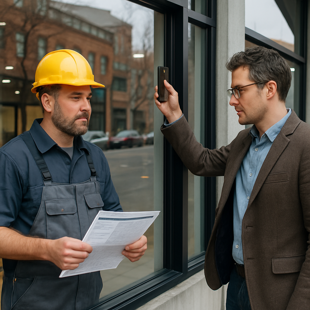 Photo realistic image of an installer and a homeowner doing a post-install walkthrough at a commercial storefront in Portland: installer holding a printed manufacturer datasheet and the homeowner photographing the window edge with a smartphone; professional, well-lit, tidy site
