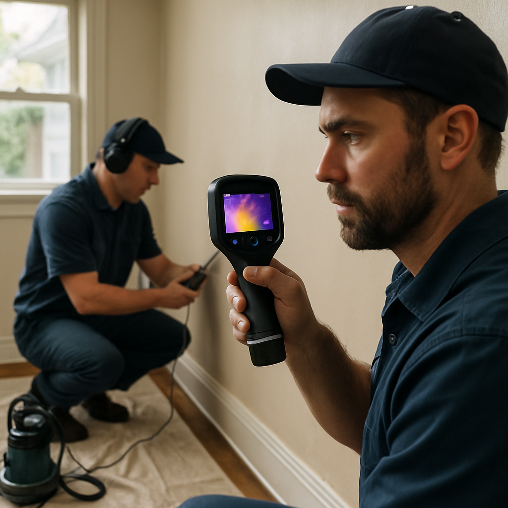Photorealistic image of a Portland plumber using a FLIR thermal camera over drywall while a colleague runs an acoustic leak detector; small pump and tarps visible, inside an older bungalow. Professional, focused mood.