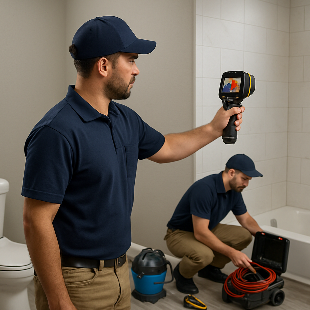 Photorealistic image of a plumber in Portland scanning a bathroom wall with a FLIR thermal camera while a colleague sets up a RIDGID SeeSnake camera case on the floor; visible tools include a moisture meter and portable wet vac. Professional, focused mood.