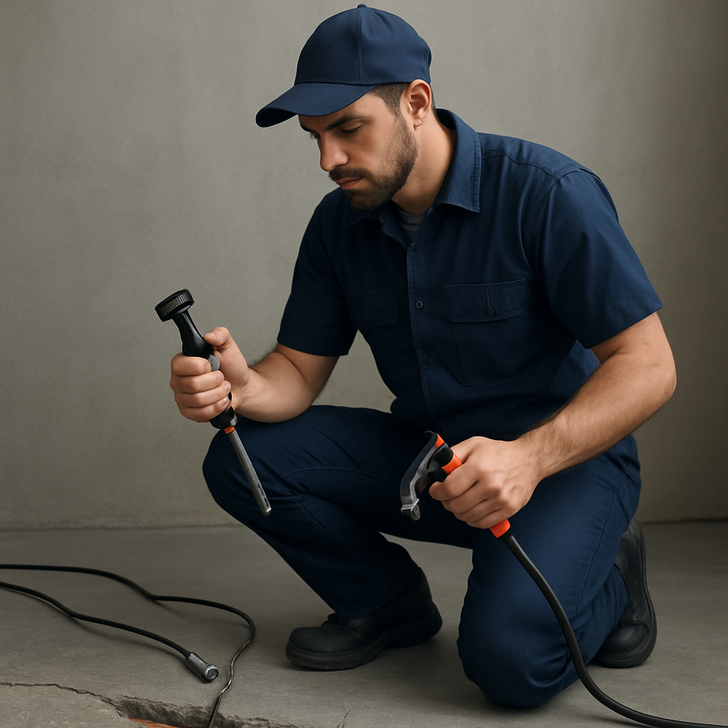 Photorealistic image of a Portland plumber kneeling beside a cracked concrete slab with a small, controlled cut exposing a copper pipe; acoustic sensor cables lie on the floor and a technician holds a handheld pump and a pipe clamp. Professional, focused mood.