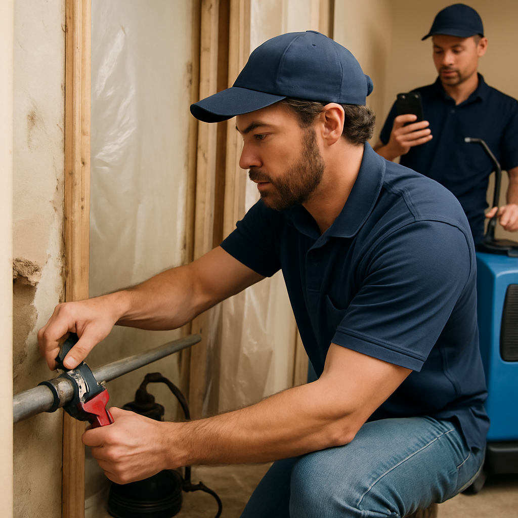 Photorealistic image of a Portland plumber tightening a temporary pipe clamp while a colleague positions a dehumidifier and documents the scene with a phone camera; work is inside a small utility closet with visible tarps and a portable pump. Professional, focused mood.