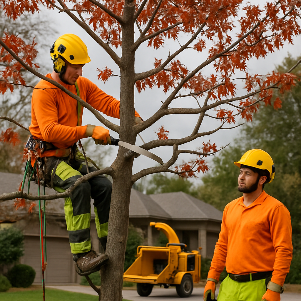Professional arborist team performing structural pruning on a young red oak, using climbing gear and precision cuts, crew wearing safety helmets and high-visibility clothing, wood chipper on site, residential driveway in background