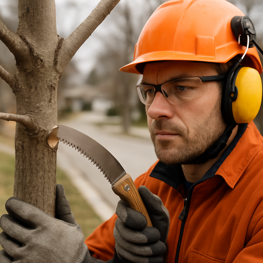 Close-up photo realistic image of an arborist making a precise structural pruning cut on a young maple in late winter, wearing safety gear, with a residential street in soft focus, showing branch collar and pruning saw technique
