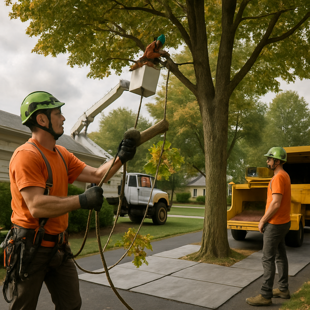 Photo realistic image of a three-person arborist crew performing precision pruning on a sugar maple beside a suburban driveway, showing a crew member rigging a limb, another using an aerial lift, and a chipper operator, with driveway protection in place and before/after photo being taken, professional mood