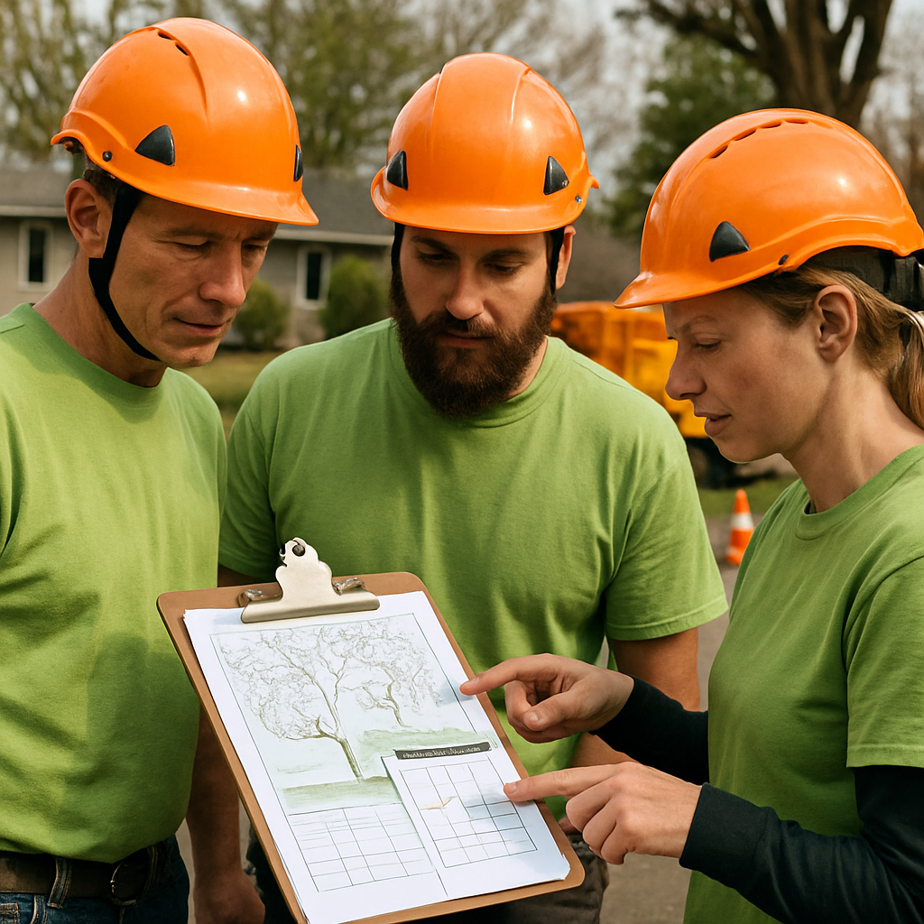 Photo realistic image of an arborist crew planning a residential pruning schedule around a clipboard and spatial map of trees, showing a calendar with seasonal notes, safety cones, and a chipper in the background; professional mood