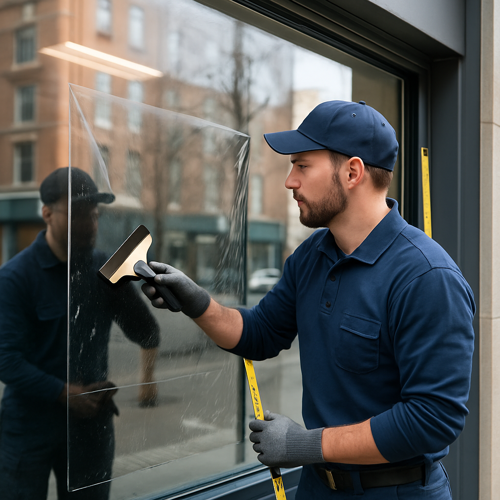 Photo realistic image of a commercial storefront with a technician applying high-quality window film using squeegee tools and measuring equipment; daytime, professional crew in branded safety attire, visible city street reflecting in glass