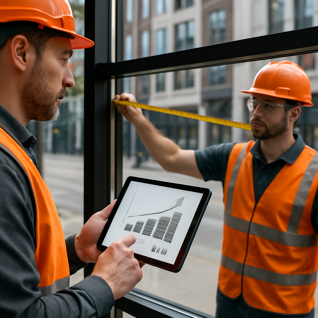 Photo realistic image of a commercial window project: technician with a tablet showing a savings model, measuring tape on a large storefront window, daylight visible, professional crew in branded safety attire, downtown commercial backdrop