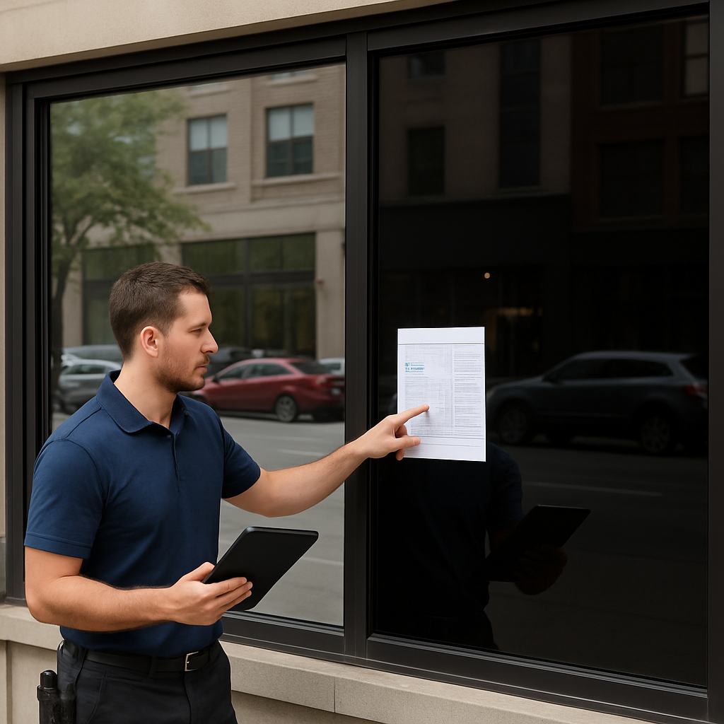 Photo realistic image of a commercial storefront showing side by side comparison: one pane with high-VLT ceramic solar control film preserving daylight, adjacent pane with reflective film showing darker tint; technician with tablet pointing to data sheet, daytime urban street, professional mood